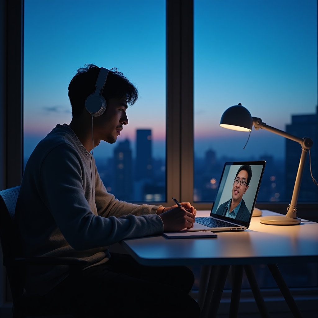 Muž sleduje online webinář na notebooku u okna s výhledem na město